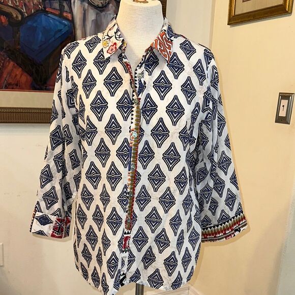 Orientique Naturally Australian Geometric Contrast Patterned Button-Up Shirt MED - Picture 1 of 14